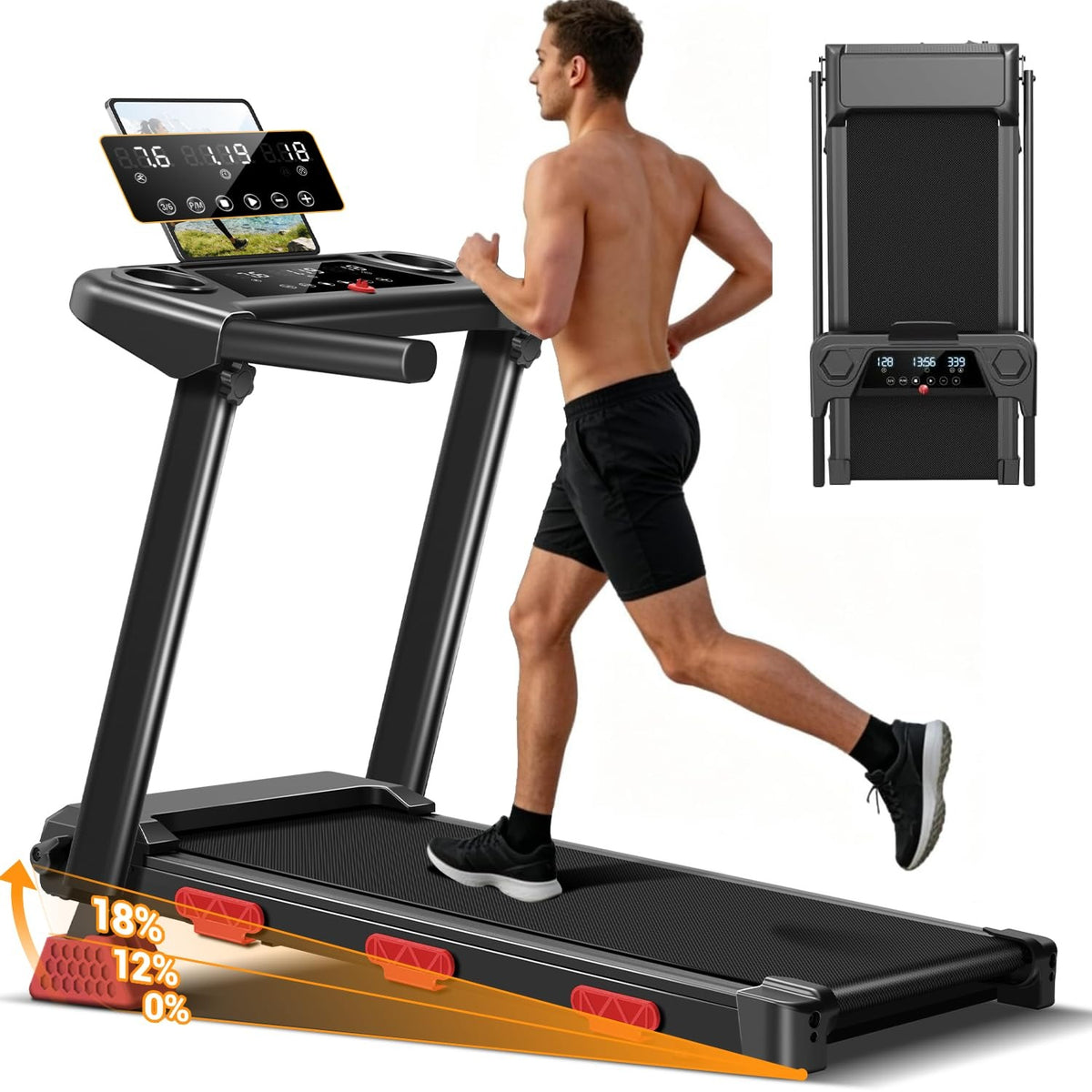 17% incline folding treadmill with quiet 3.0HP motor compact design