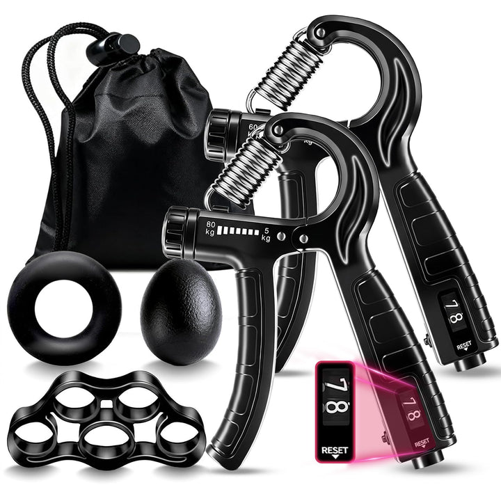 Grip Strength Trainer with Counter - 5-in-1 Adjustable Hand Gripper (11-132lbs), Finger Stretcher, Grip Ring & Stress Ball for Forearm Workout