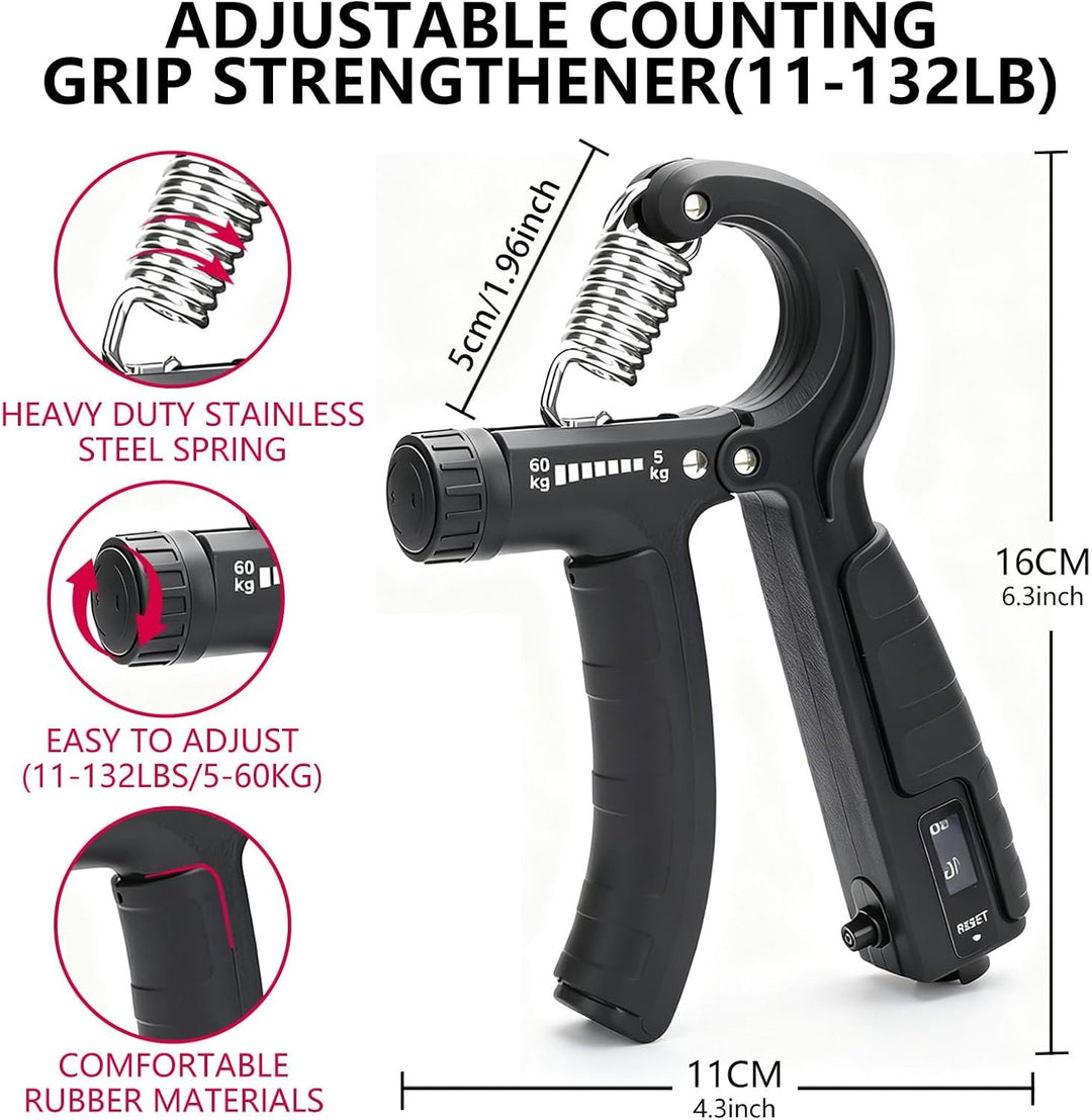 Grip Strength Trainer with Counter - 5-in-1 Adjustable Hand Gripper (11-132lbs), Finger Stretcher, Grip Ring & Stress Ball for Forearm Workout