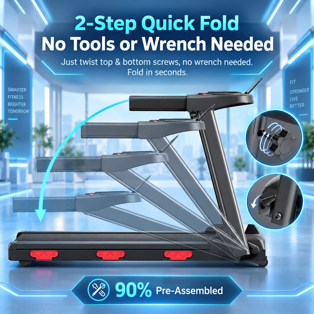 2-step quick fold treadmill, 90% pre-assembled with no tools needed