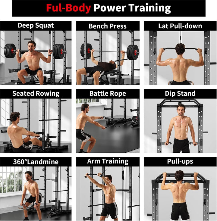 2000LB Power Cage with LAT Pulldown - Multi-Functional Home Gym System with Cable Crossover, Squat Rack, Safety Arms & Pull-Up Bar
