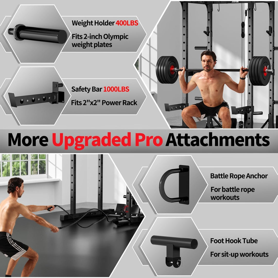2000LB Power Cage with LAT Pulldown - Multi-Functional Home Gym System with Cable Crossover, Squat Rack, Safety Arms & Pull-Up Bar