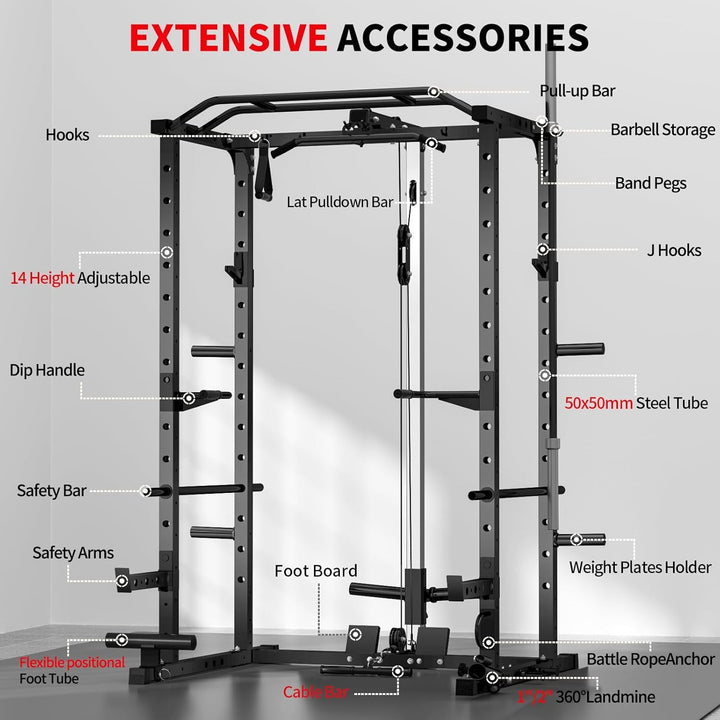 2000LB Power Cage with LAT Pulldown - Multi-Functional Home Gym System with Cable Crossover, Squat Rack, Safety Arms & Pull-Up Bar