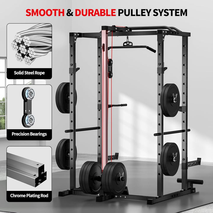 2000LB Power Cage with LAT Pulldown - Multi-Functional Home Gym System with Cable Crossover, Squat Rack, Safety Arms & Pull-Up Bar