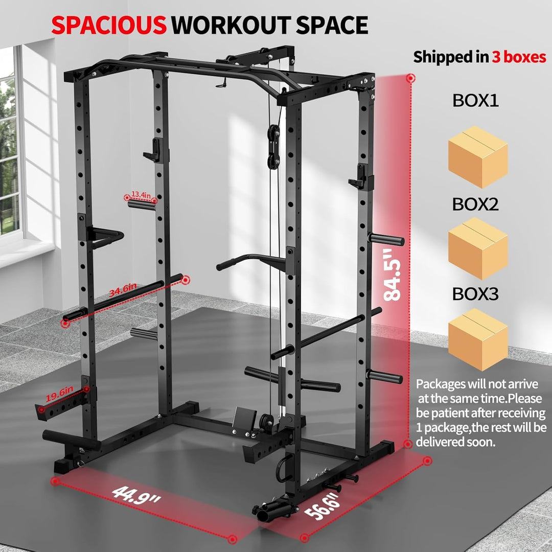 2000LB Power Cage with LAT Pulldown - Multi-Functional Home Gym System with Cable Crossover, Squat Rack, Safety Arms & Pull-Up Bar