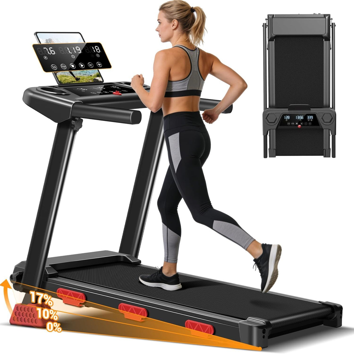 3.0HP folding treadmill with 17% incline for home gym