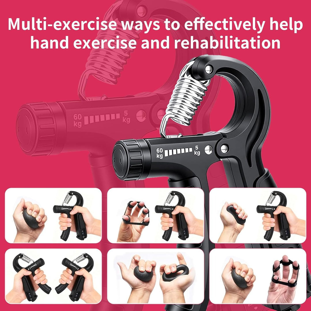Grip Strength Trainer with Counter - 5-in-1 Adjustable Hand Gripper (11-132lbs), Finger Stretcher, Grip Ring & Stress Ball for Forearm Workout
