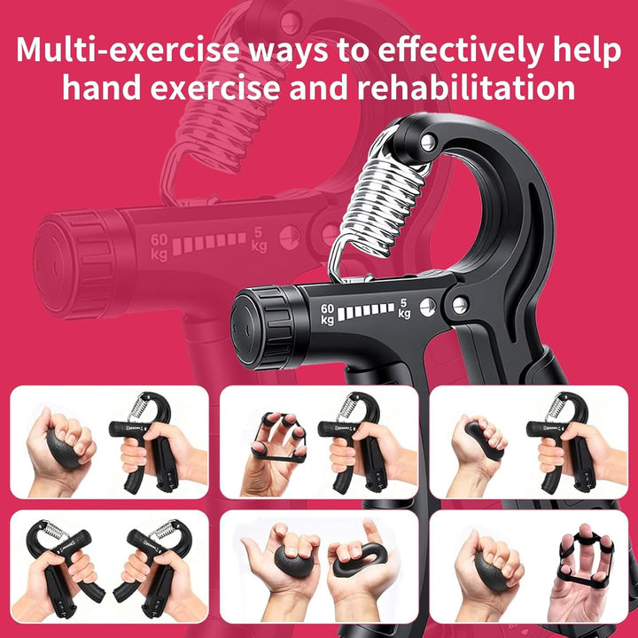 Grip Strength Trainer with Counter - 5-in-1 Adjustable Hand Gripper (11-132lbs), Finger Stretcher, Grip Ring & Stress Ball for Forearm Workout