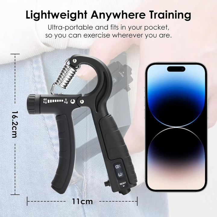 Grip Strength Trainer with Counter - 5-in-1 Adjustable Hand Gripper (11-132lbs), Finger Stretcher, Grip Ring & Stress Ball for Forearm Workout