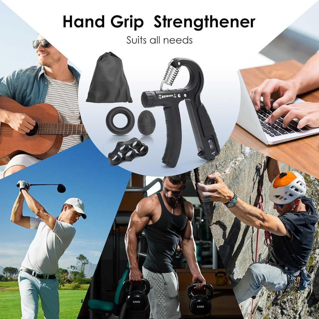 Grip Strength Trainer with Counter - 5-in-1 Adjustable Hand Gripper (11-132lbs), Finger Stretcher, Grip Ring & Stress Ball for Forearm Workout