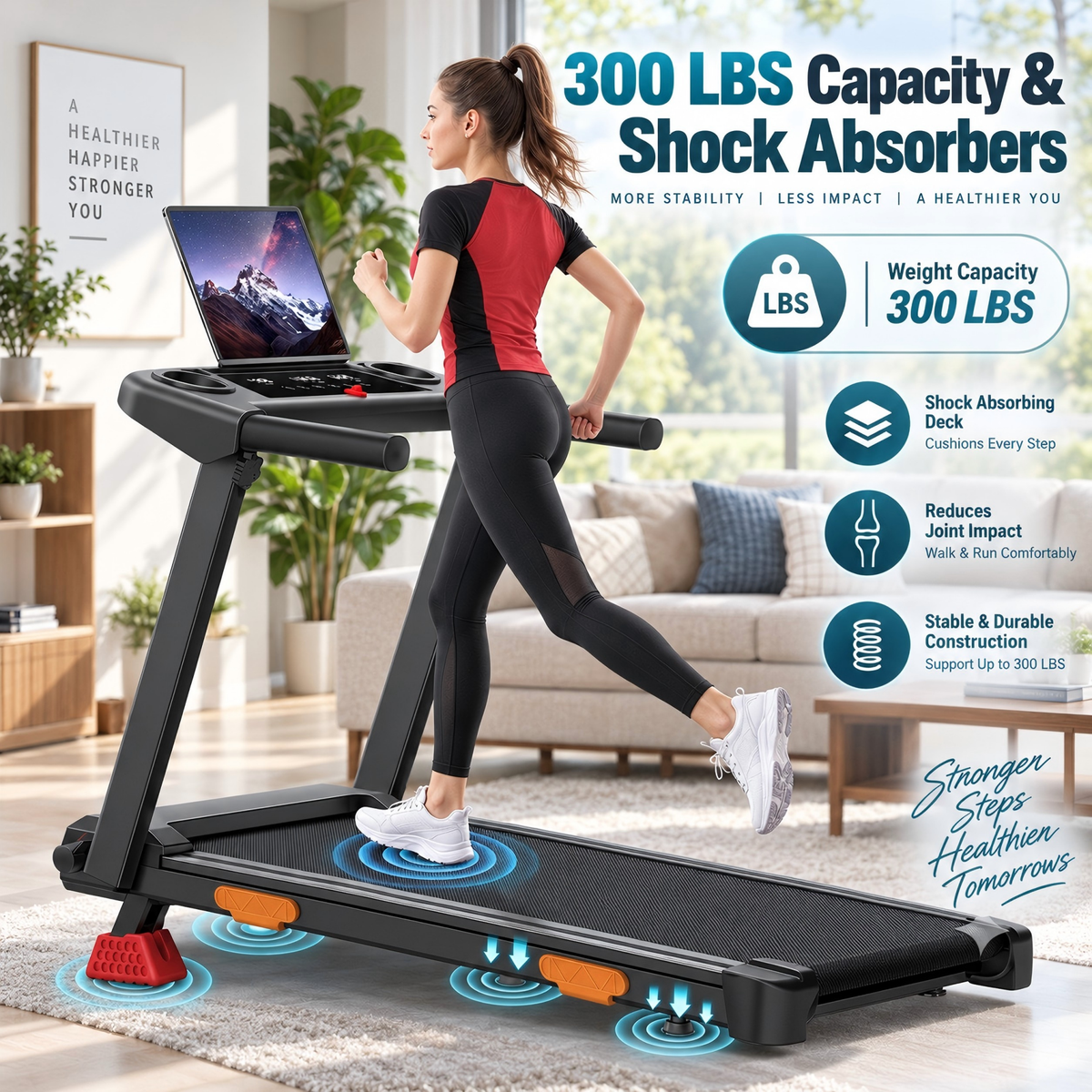 300 LBS capacity and shock-absorbing deck on the Q5-4 treadmill