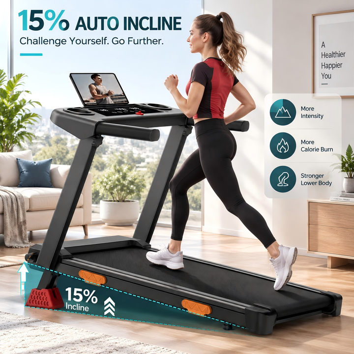 Q5-4 folding treadmill set up in a living room