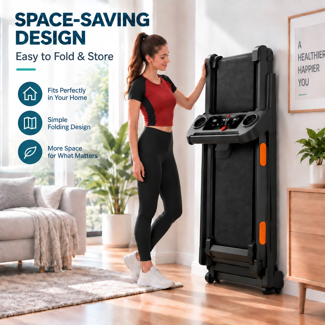 Q5-4 treadmill folded and stored against a wall