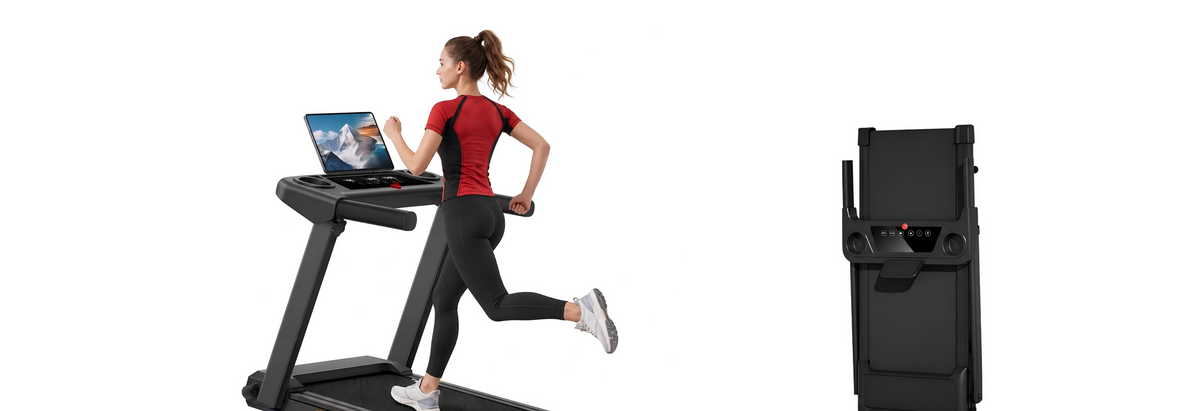Q5-4 folding treadmill with elevated handrails, used for walking while working, and folded for storage