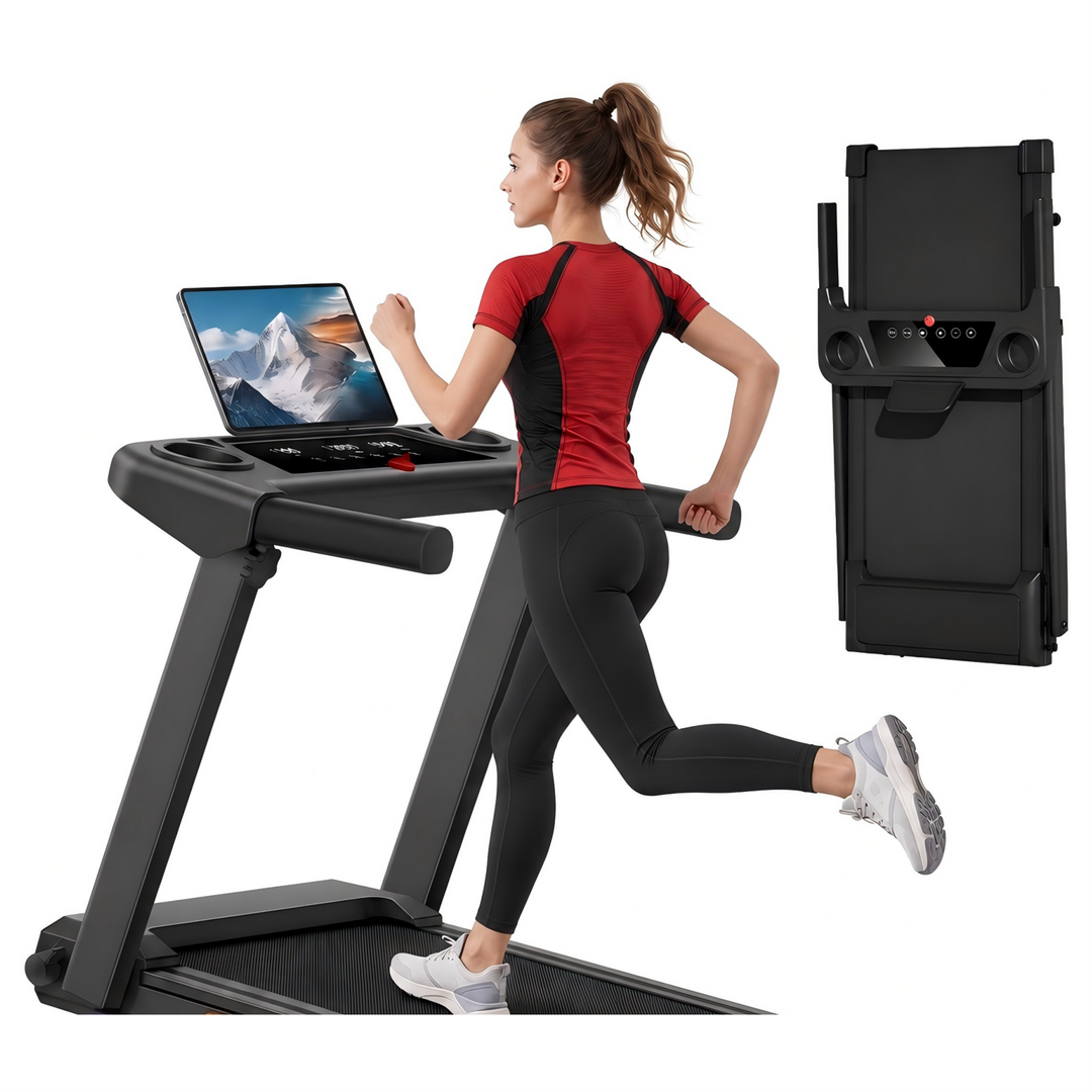 BOGYKIK Q5-4 folding treadmill with elevated handrails, shown in use and folded for storage