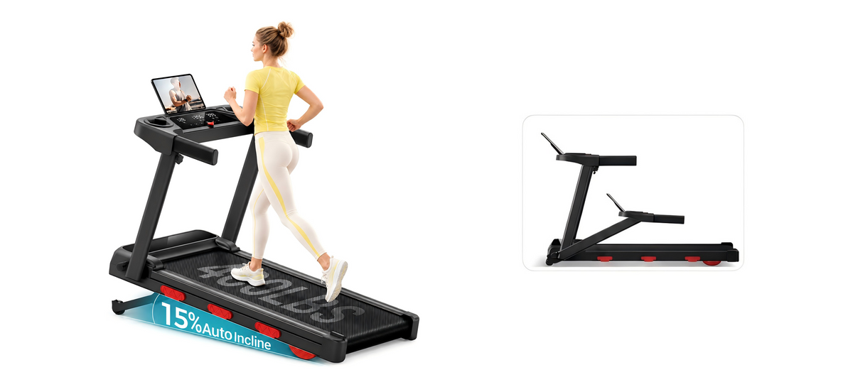SF60 folding treadmill with 15% auto incline, a runner using the built-in device holder, and the deck folded for storage