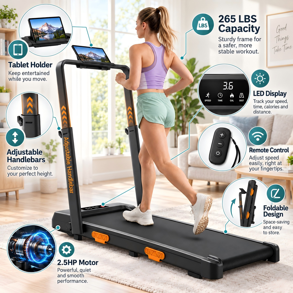 U16F walking pad features: 2.5HP motor, 265 LBS capacity, LED display and remote control