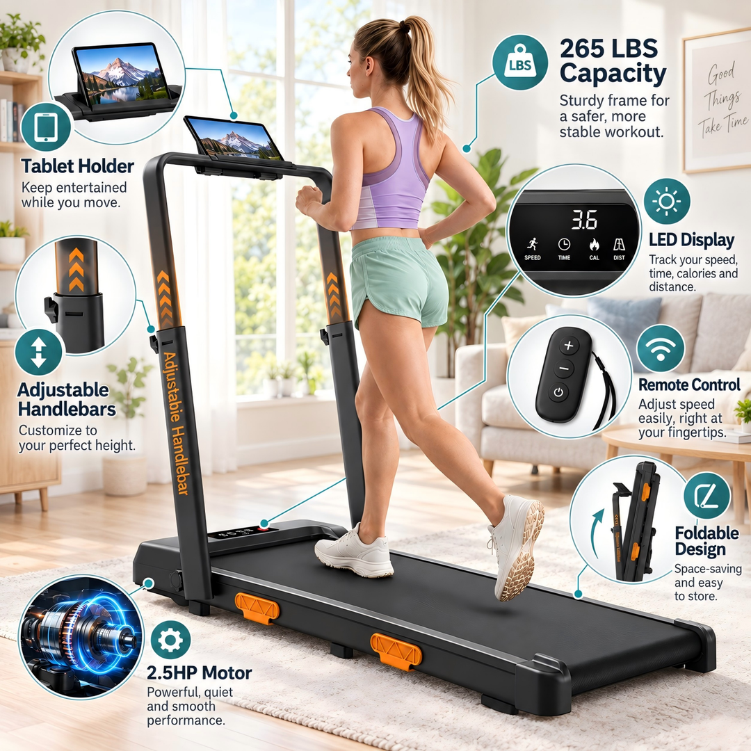 U16F walking pad features: 2.5HP motor, 265 LBS capacity, LED display and remote control