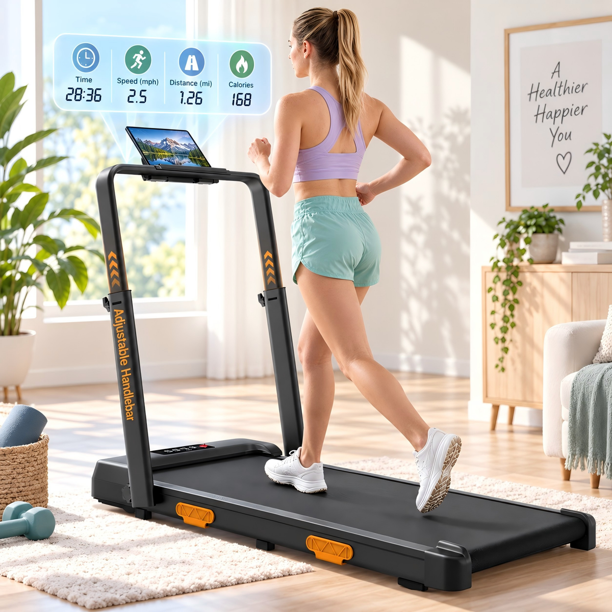 Woman walking on the U16F walking pad with speed, distance and calorie readout