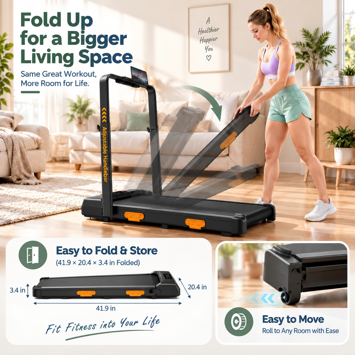 U16F walking pad folded to 41.9 by 20.4 by 3.4 inches with transport wheels