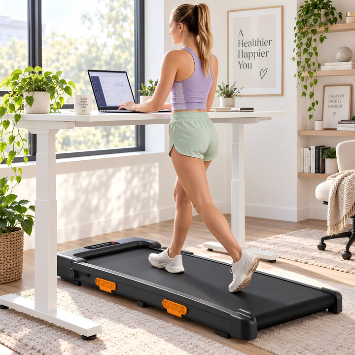 U16F walking pad with the handlebar folded down under a standing desk
