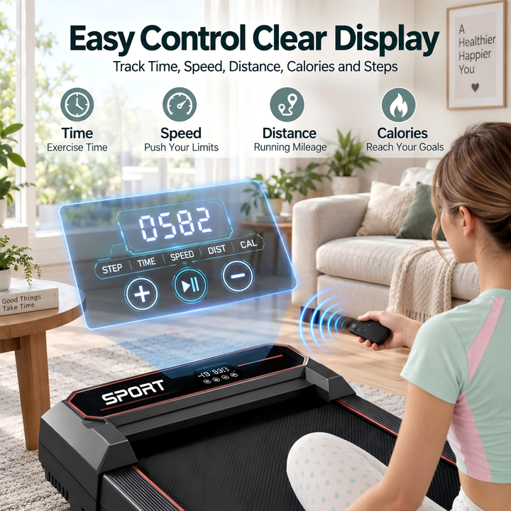 LED console on the U19 walking pad showing time, speed, distance, calories and steps