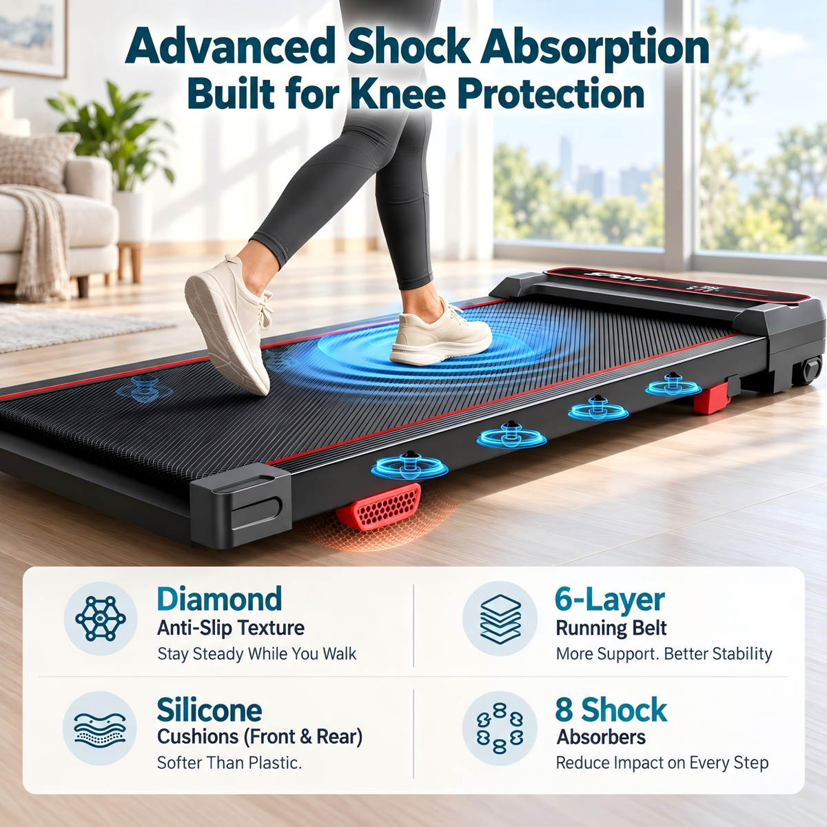 8 shock absorbers, silicone cushions and a 6-layer running belt on the U19 walking pad