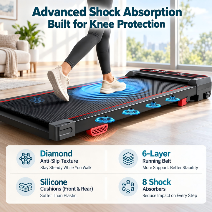 8 shock absorbers, silicone cushions and a 6-layer running belt on the U19 walking pad