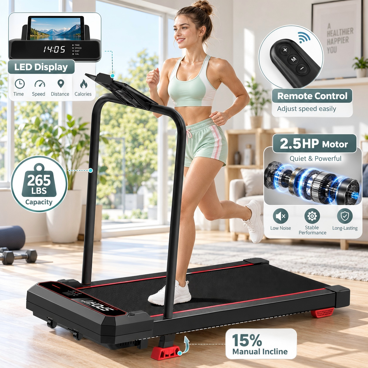 U19F walking pad features: 2.5HP motor, 265 LBS capacity, LED display and remote control