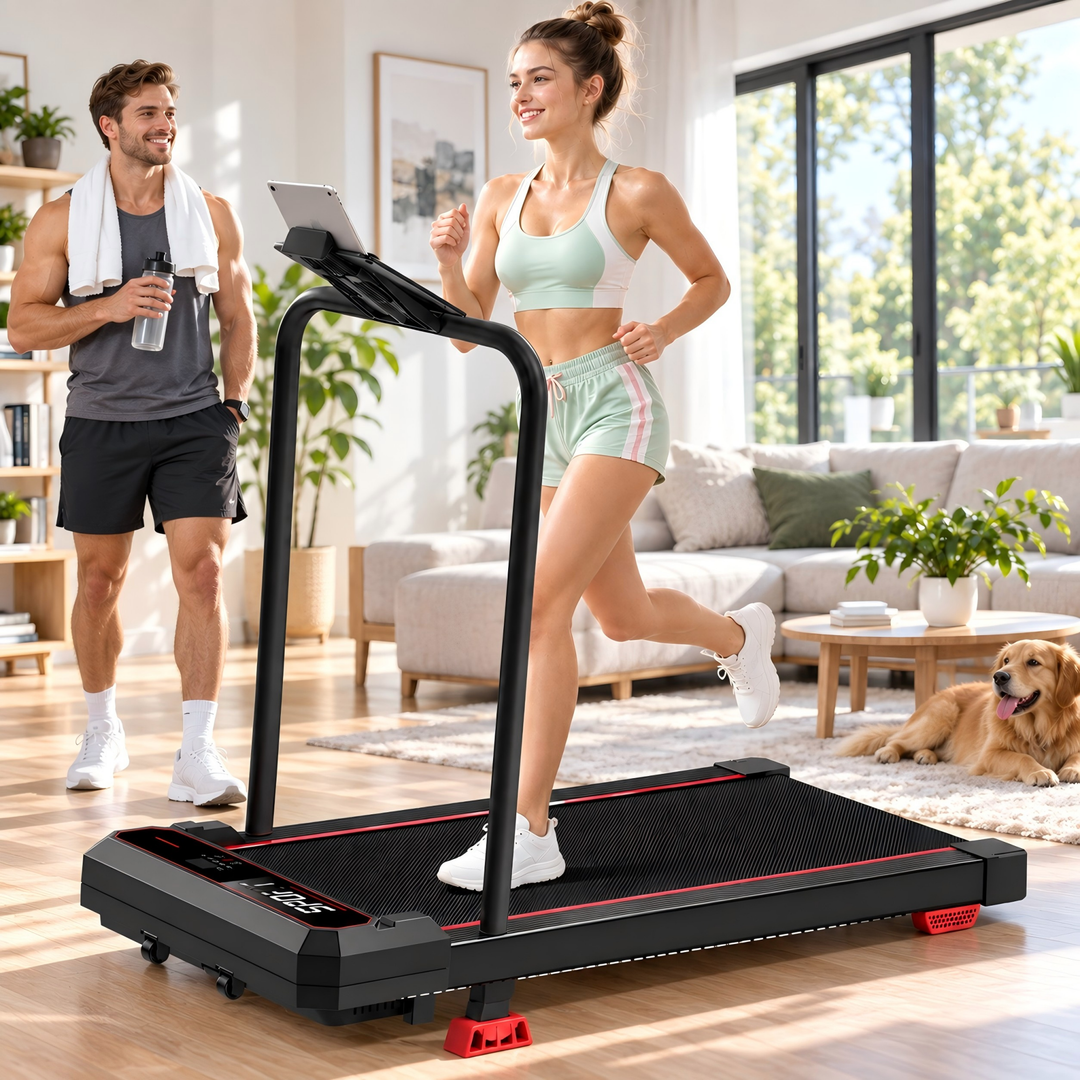 U19F walking pad in a living room with two people and a dog