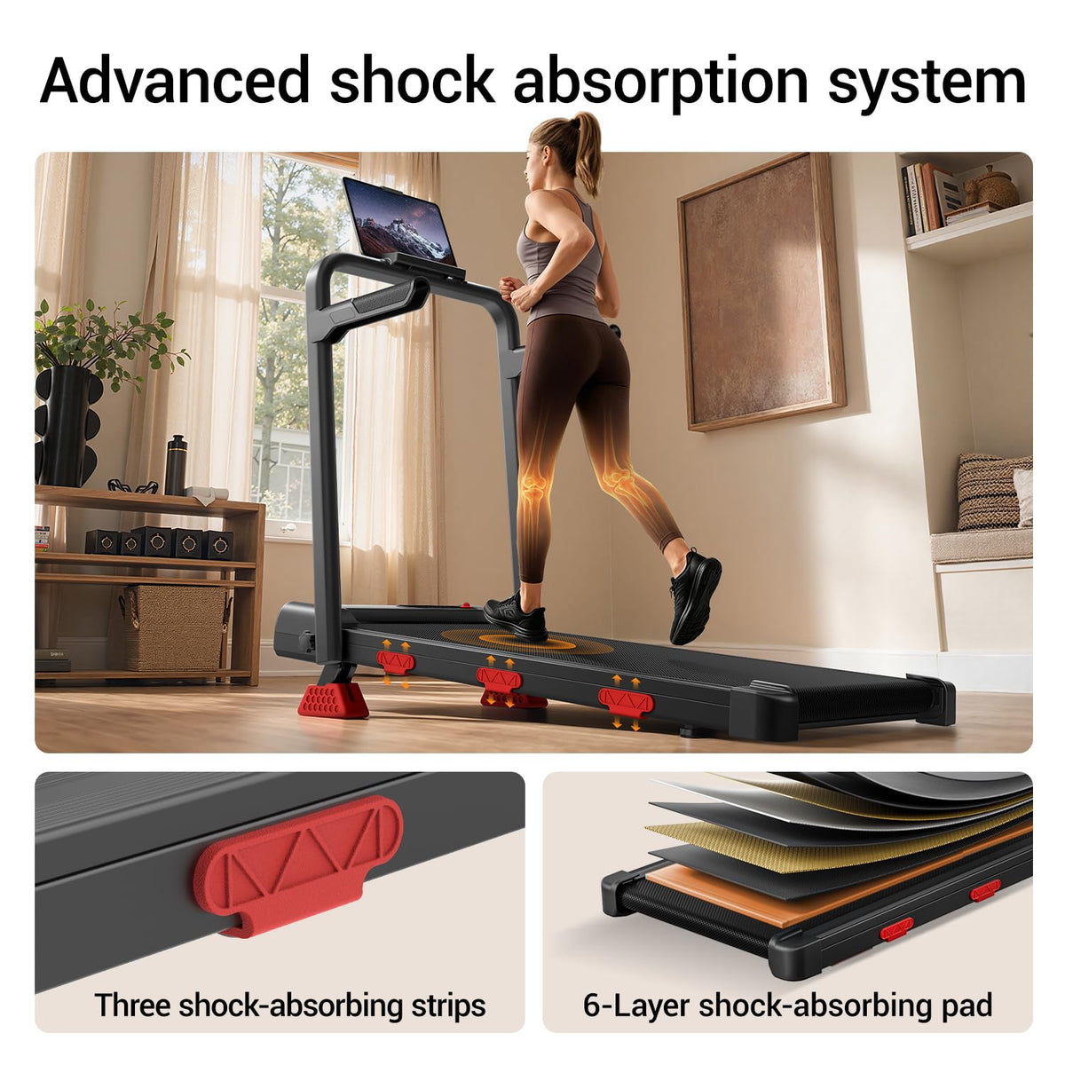 Three shock-absorbing strips and a 6-layer shock-absorbing pad on the U20F walking pad
