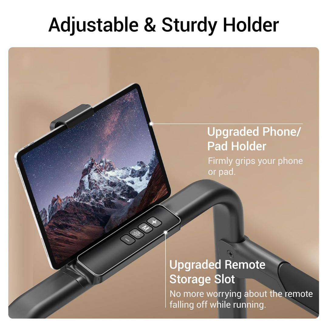 Phone and tablet holder with a remote storage slot on the U20F walking pad