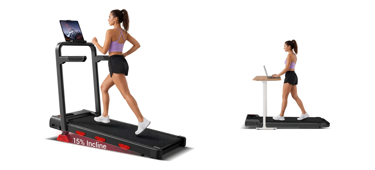 U20F folding walking pad with fold-down handrails, used at a standing desk