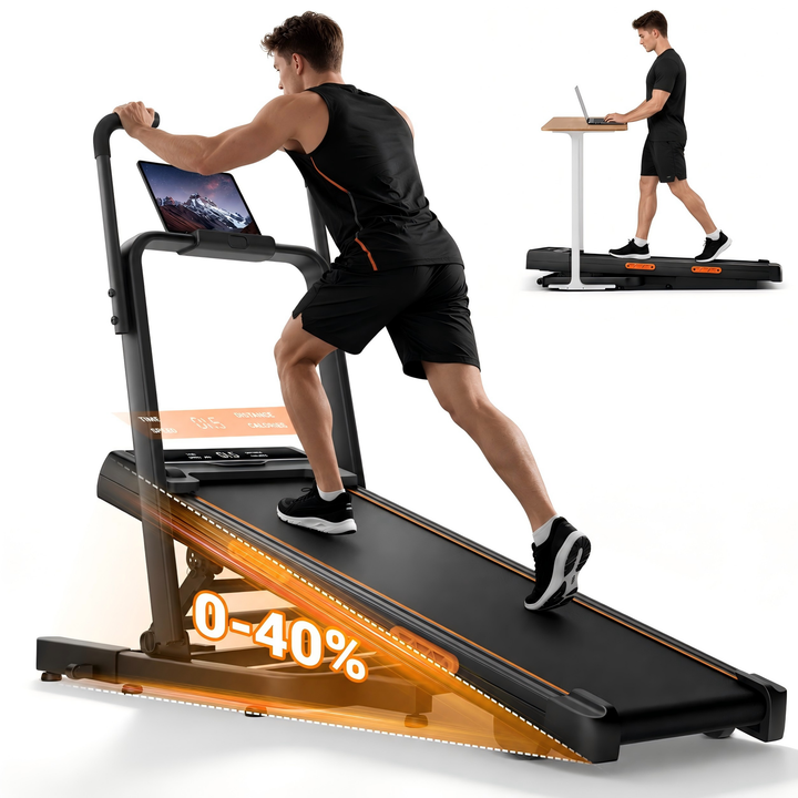 X5FD folding treadmill running at a 40% incline