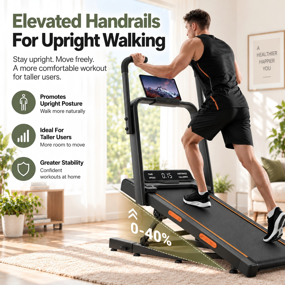 Elevated handrails for upright walking on the X5FD treadmill