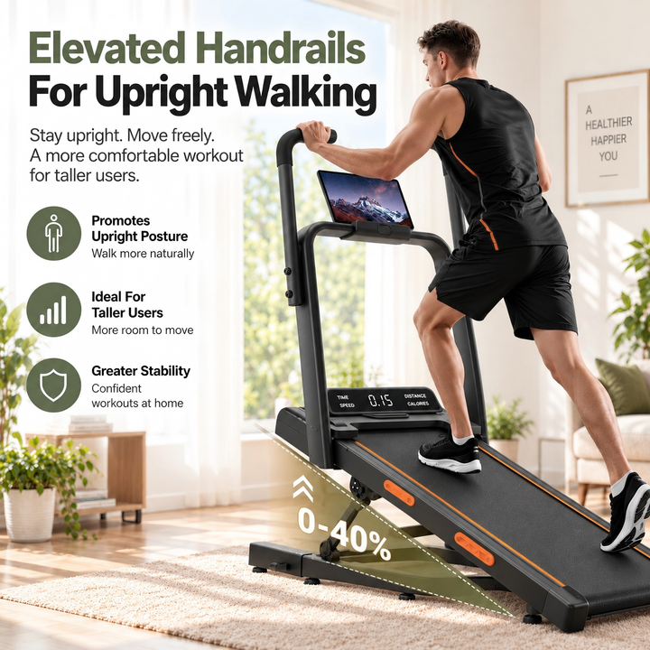 Elevated handrails for upright walking on the X5FD treadmill