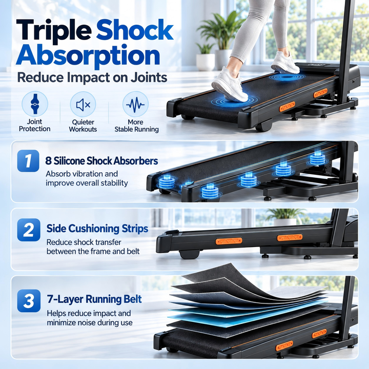 Triple shock absorption with 8 silicone absorbers and a 7-layer running belt on the X5FD treadmill