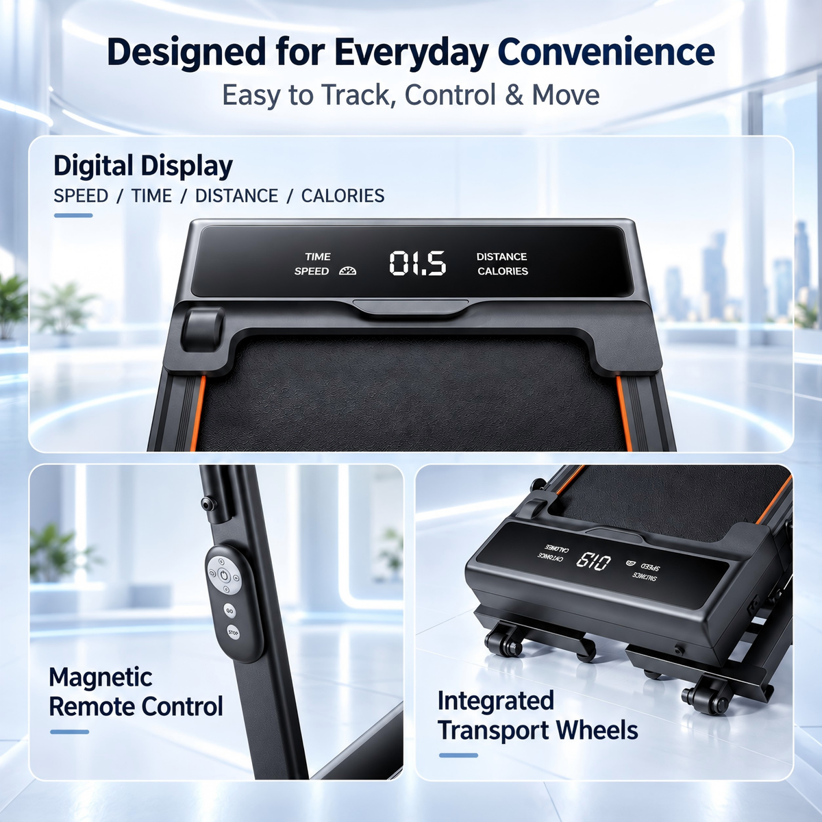 Digital display, magnetic remote control and transport wheels on the X5FD treadmill