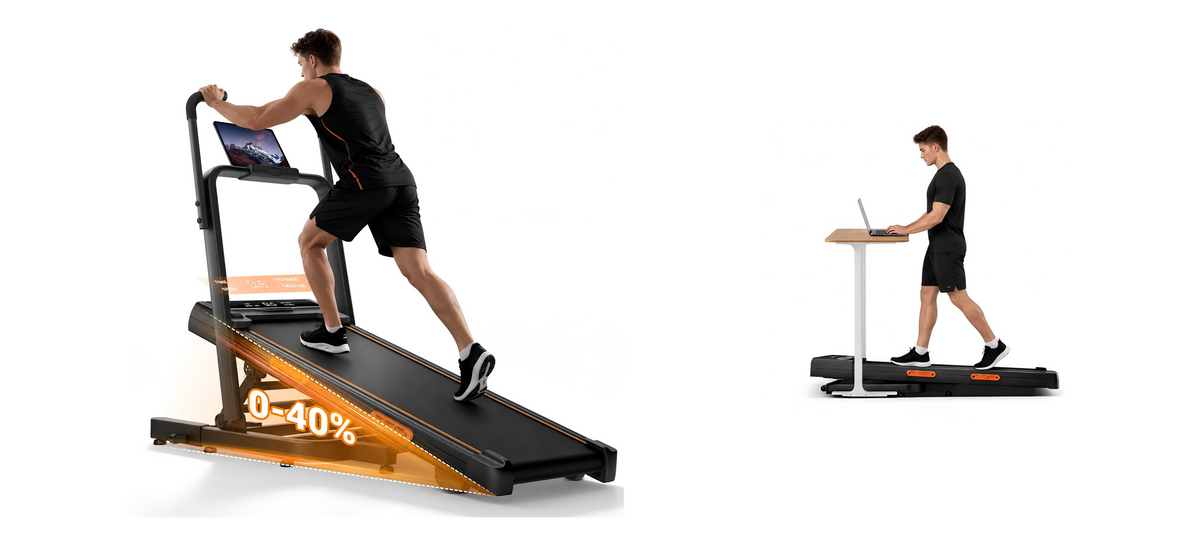X5FD folding treadmill with 40% incline, shown running and at a standing desk