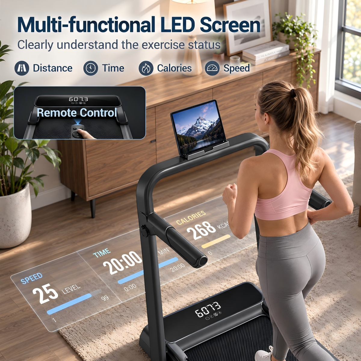 Multi-function LED screen and remote control on the X9F walking pad
