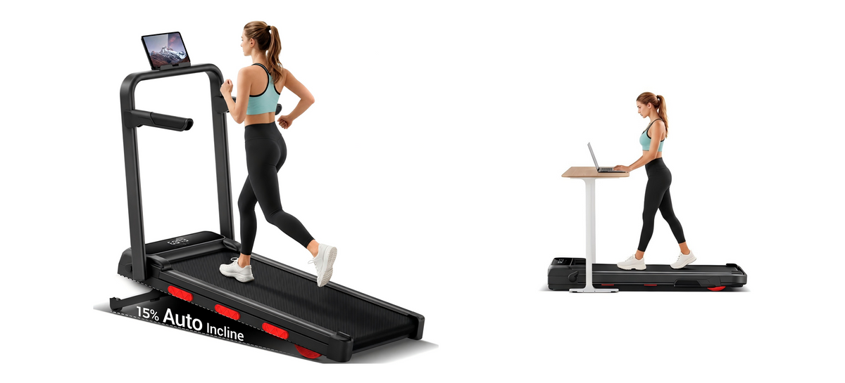 X9F 4-in-1 walking pad with 15% auto incline, used at a standing desk